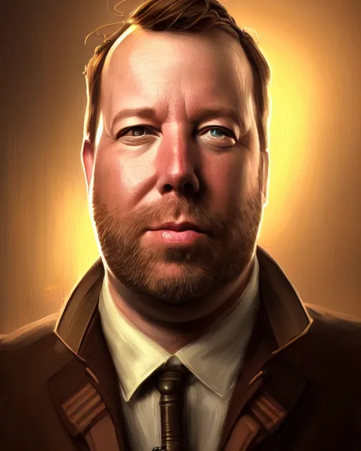 Prompt: steampunk portrait of infowars's alex jones, au naturel, hyper detailed, digital art, trending in artstation, cinematic lighting, studio quality, smooth render, unreal engine 5 rendered, octane rendered, art style by klimt and nixeu and ian sprigger and wlop and krenz cushart.