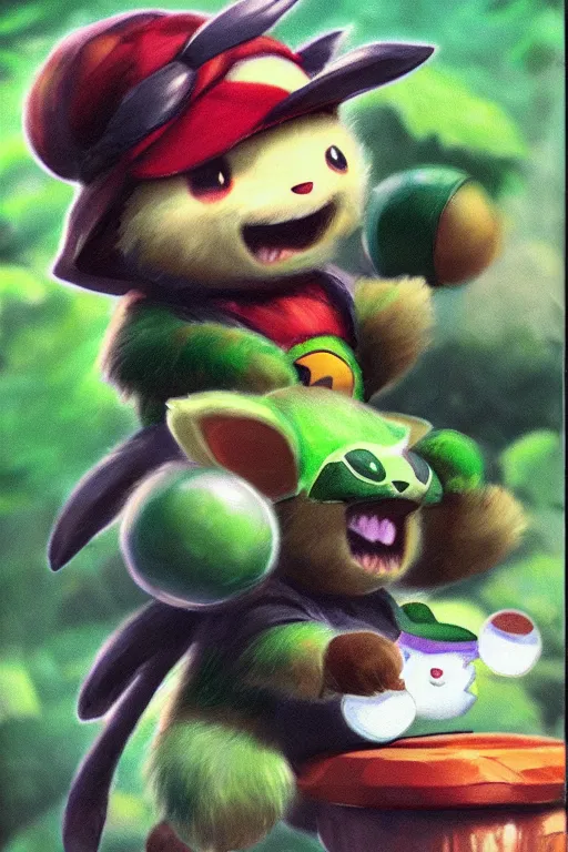 Prompt: teemo, a pokemon trading card of teemo, high detail pokemon trading card scan