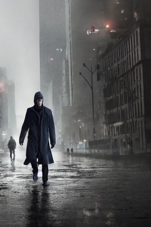 Prompt: cinematic shot of a humanoid fox double agent for the cia walking through a decimated city. realistic. rainy. dramatic lighting.