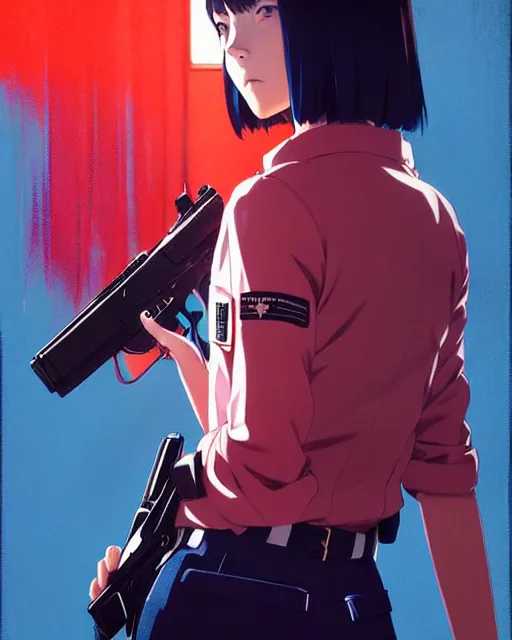 Image similar to girl wearing uniform, holding gun | | audrey plaza, fine detail!! anime!! realistic shaded lighting!! dramatic!! poster by ilya kuvshinov katsuhiro otomo ghost - in - the - shell, magali villeneuve, artgerm, jeremy lipkin and michael garmash and rob rey