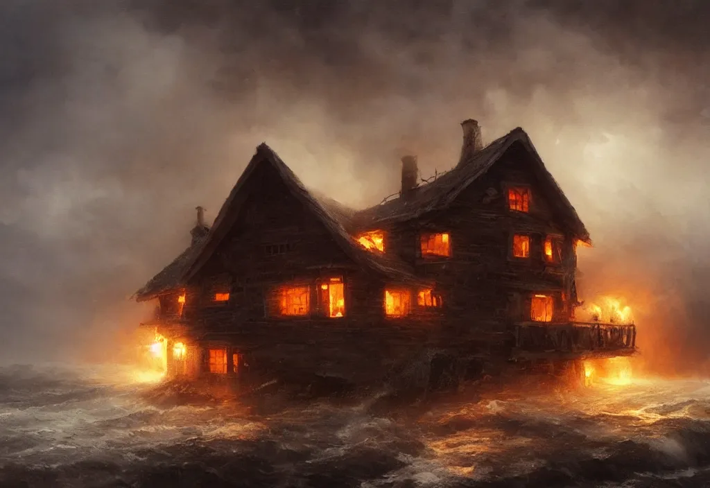 Image similar to a burning wooden cottage surrounded by storming sea, artstation, jakub rozalski, high detail, dramatic lighting, night, fog