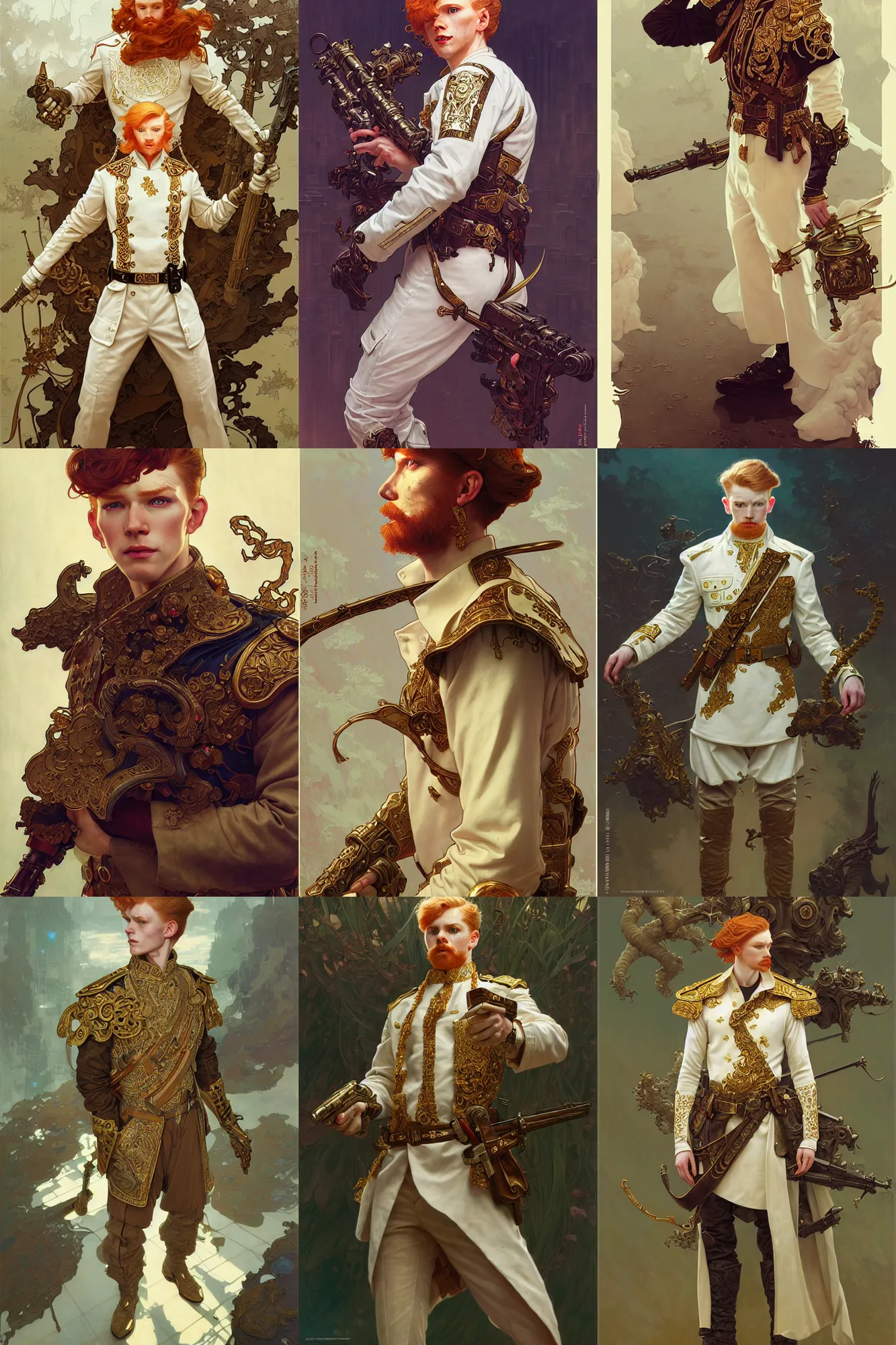 Prompt: young ginger male officer, white russian clothes, fantasy, highly detailed, intricate, smooth, art by joseph leyendecker, peter mohrbacher, ruan jia, marc simonetti, ayami kojima, cedric peyravernay, alphonse mucha, victo ngai