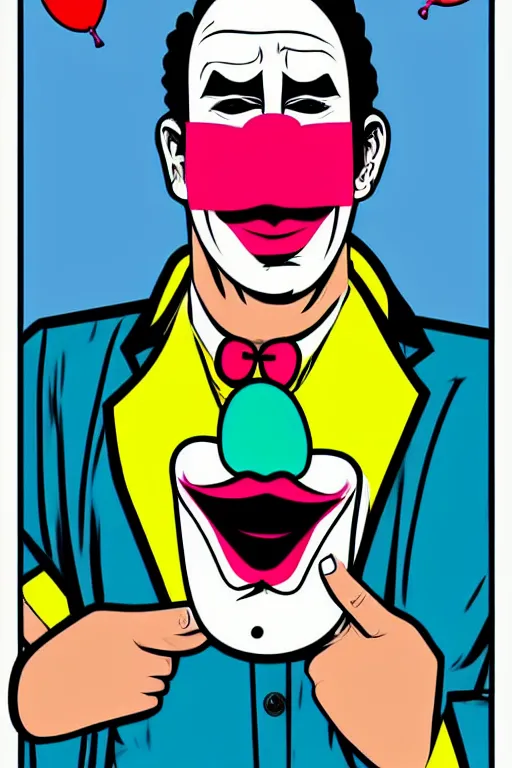 Image similar to display twitter guy wearing an blouses with clown mask. pop art, gta vice city art style, symmetrical, sharp focus, illustration, intecrate details, confident posse, art by mark millar and richard hamilton and mimmo rottela