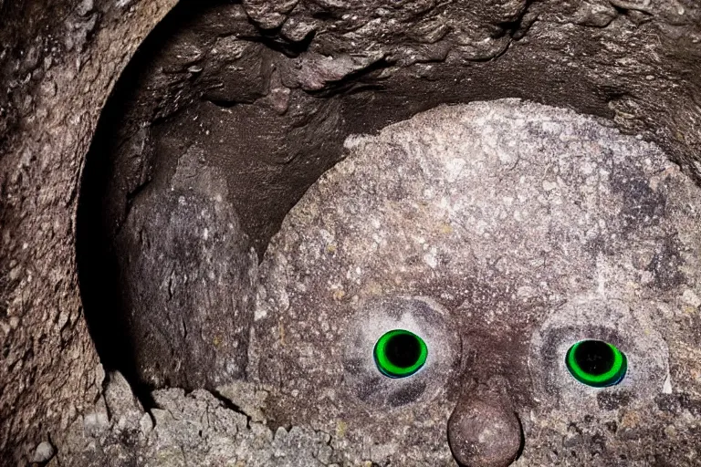 Prompt: glowing eyes staring at you from the entrance of a mine shaft