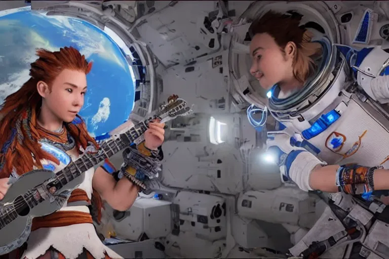 Prompt: aloy from the horizon zero dawn videogame playing the guitar in the international space station