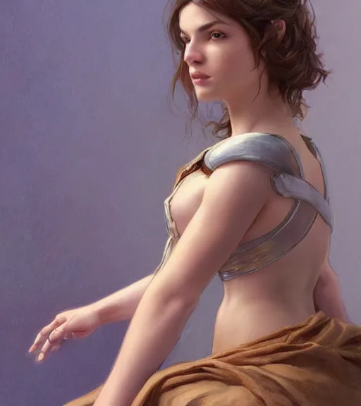Image similar to portrait of a young woman, soft features, muscular, half body, cloth, hazel eyes, short brown hair, back light, d & d, fantasy, intricate, highly detailed, digital painting, artstation, concept art, smooth, sharp focus, illustration, art by artgerm and greg rutkowski and alphonse mucha