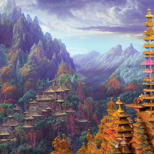 Prompt: a beautiful and highly detailed matte painting of a colorful buddhist temple in the distance high in the most epic mountains ever, intricate details, epic scale, insanely complex, 8 k, sharp focus, hyperrealism, very realistic, by caspar friedrich, greg rutowski, james gurney
