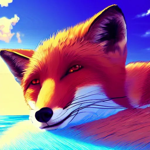 Image similar to fox chilling on the beach, photo, vaporwave, artstation