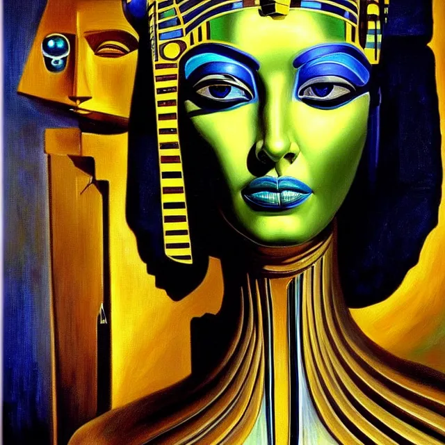 Prompt: a beautiful painting cyberpunk robot queen of egypt face, by salvador dali realistic oil painting