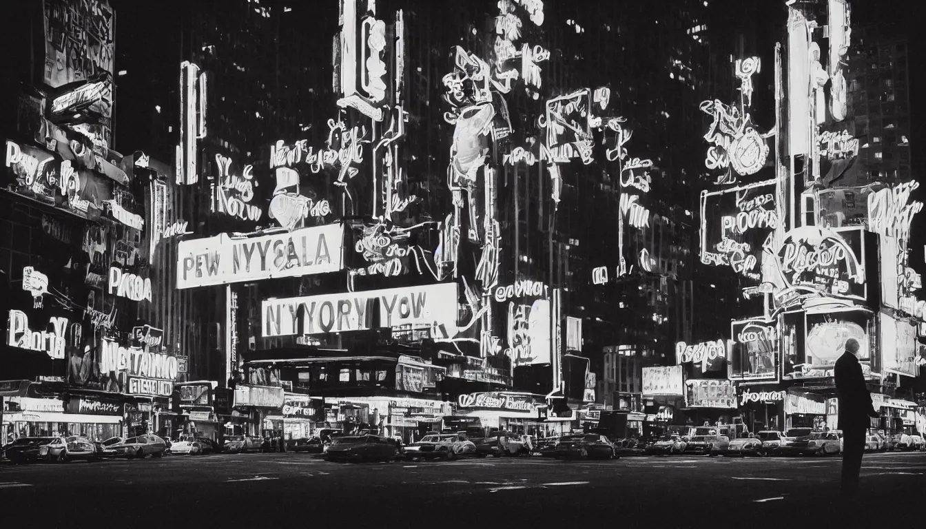 Image similar to 8 0 s polaroid photo, cinema still, tall man in suit smoking and watching new york panorama at night, neon signs, colorful haze, americana, high production value, 8 k resolution, hyperrealistic, photorealistic, high definition, high details, tehnicolor, award - winning photography, masterpiece, amazing colors