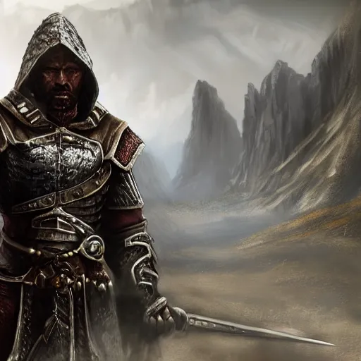 Prompt: unknown the elder scrolls vi hammerfall, battle hardened imposing male redguard character portrait partially clothed in hooded metal - plated exquisitely detailed hooded battle armour, desert, tropical jungle setting, atmospheric lighting, painted, intricate, volumetric lighting, beautiful, rich deep colours masterpiece, sharp focus, ultra detailed