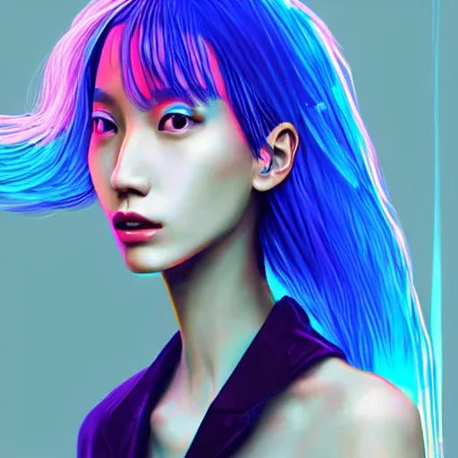 Prompt: a digital painting of park soo joo in the rain with blue hair, cute - fine - face, pretty face, cyberpunk art by sim sa - jeong, cgsociety, synchromism, detailed painting, glowing neon, digital illustration, perfect face, extremely fine details, realistic shaded lighting, dynamic colorful background