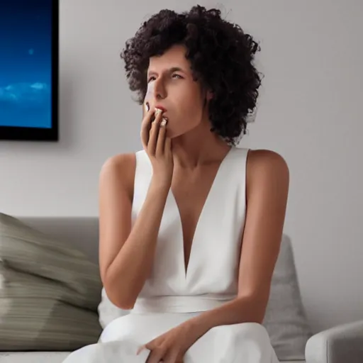 Image similar to a sad crying beautiful woman in a white dress watching netflix on a tv, holding a remote, 8 k, octane render, cgi