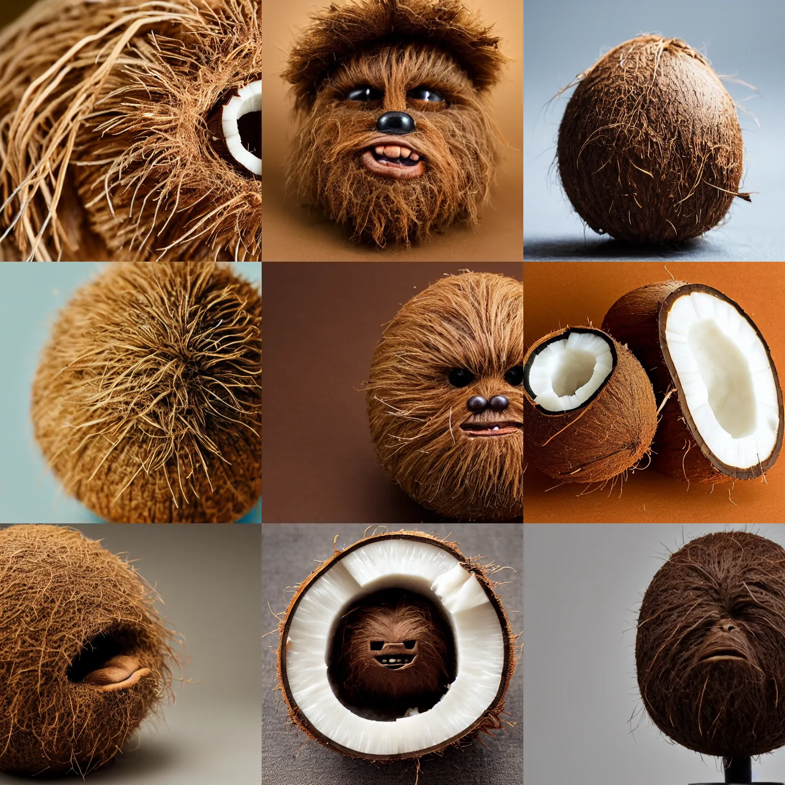 Image similar to a coconut that looks like chewbacca, macro lens, high quality, studio lighting