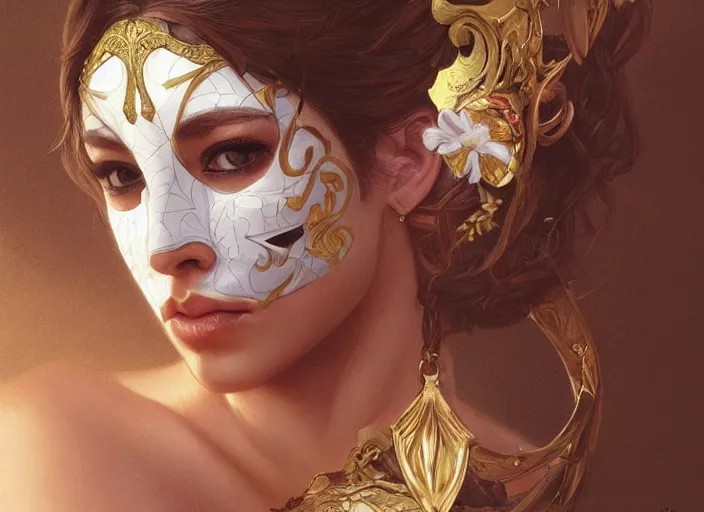 Image similar to masked, perfectly-centered-Portrait of the most beautiful woman on the planet , intricate, highly detailed, artstation, concept art, smooth, sharp focus, illustration,award-winning, Unreal Engine 5, 8K, art by artgerm and greg rutkowski and alphonse mucha