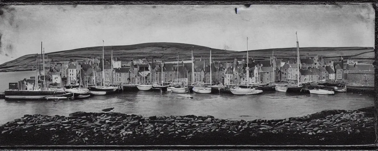 Image similar to a tintype photograph of the harbour at Stromness orkney