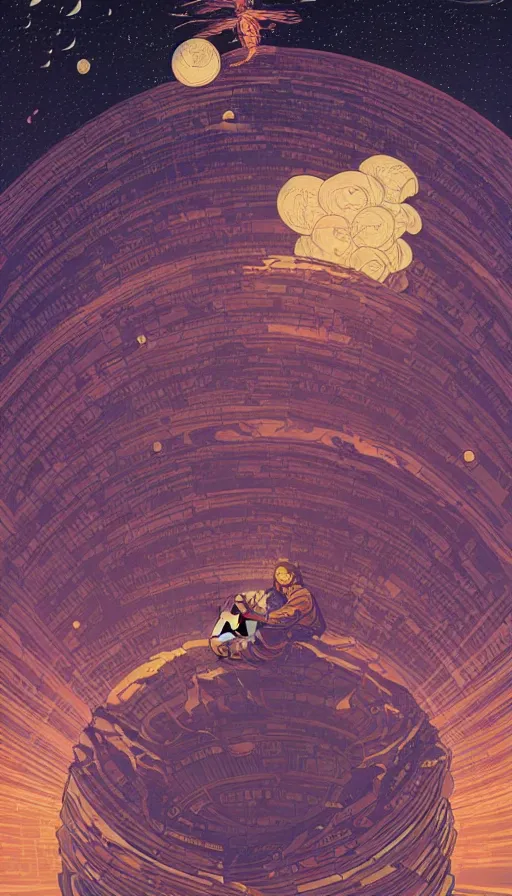 Image similar to the oracle of ancient bibliophiles floating on starlit cosmic cloudscape, futurism, dan mumford, victo ngai, kilian eng, da vinci, josan gonzalez