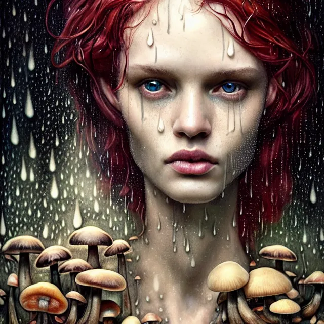 Image similar to bright portrait surrounded by mushrooms with rain on face and wet hair, diffuse overhead lighting, fantasy, intricate, elegant, dramatic lighting, highly detailed, lifelike, photorealistic, digital painting, artstation, illustration, concept art, smooth, sharp focus, art by John Collier and Albert Aublet and Krenz Cushart and Artem Demura and Alphonse Mucha