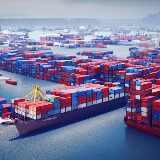 Image similar to cinematic, panorama, modern busy shipping port, containers, art direction by darius zawadzki, sharp focus, highly detailed, wideshot ultrawide angle epic scale, dynamic dramatic lighting, crisp, cinematic atmosphere, artstation, hyperrealistic 3 d digital art, octane render, uhd image
