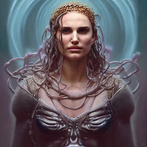 Image similar to a portrait of natalie portman as medusa in dramatic lighting, interior background, artstation, award - winning realistic sci - fi concept art by jim burns and greg rutkowski, beksinski, a realism masterpiece, alphonse mucha,