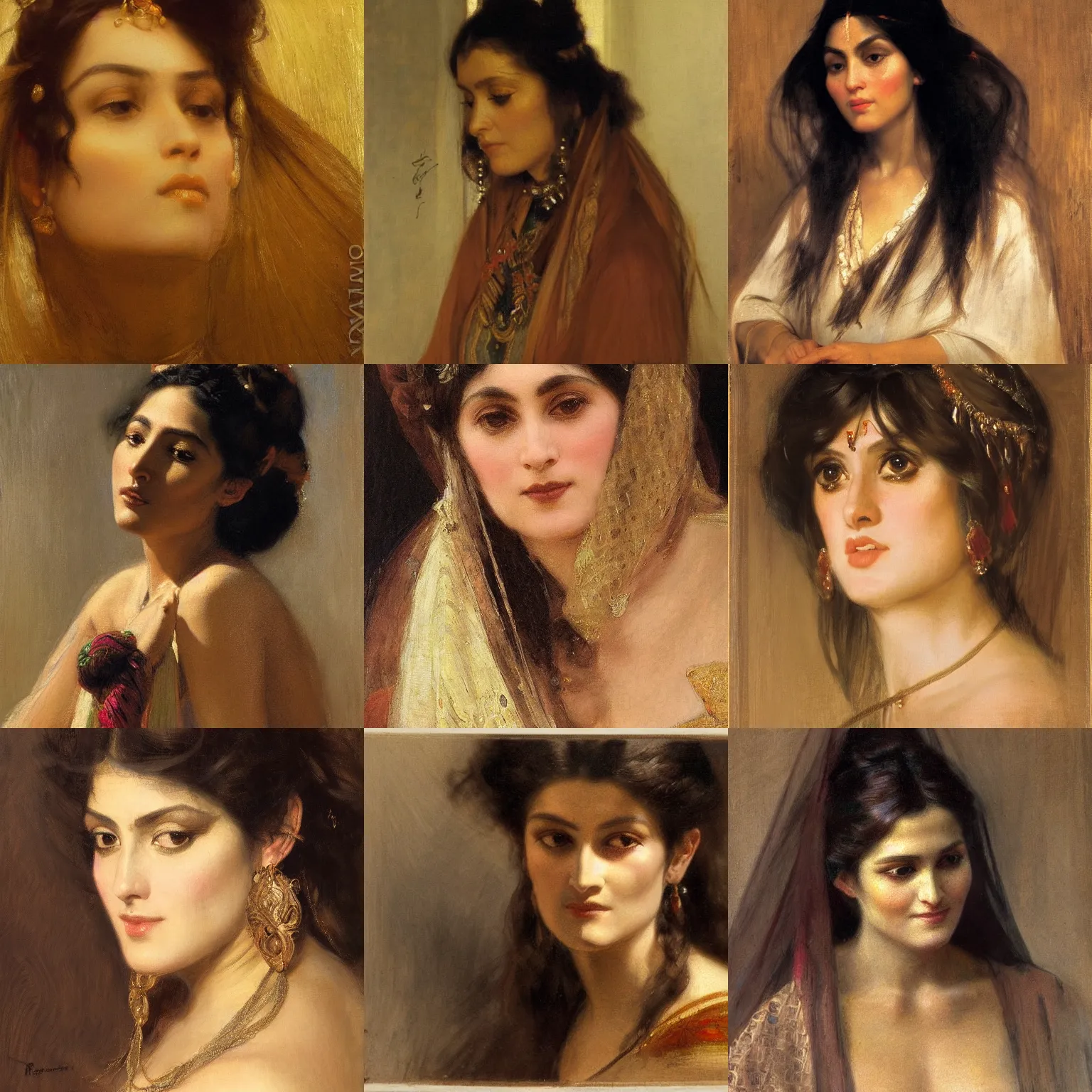 Prompt: orientalism face detail of a beautiful woman priestess bangs and thick dark curls hair and hair ties and eyelashes by theodore ralli and nasreddine dinet and anders zorn and edwin longsden long, oil on canvas, masterful intricate artwork, excellent lighting, high detail 8 k