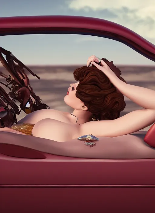 Image similar to a colorchrome closeup photo of a female rococo fashion model, lying on a cadillac front boot, style max fleischer, filmstudio fleischer studios, 8 k unreal engine 8 k