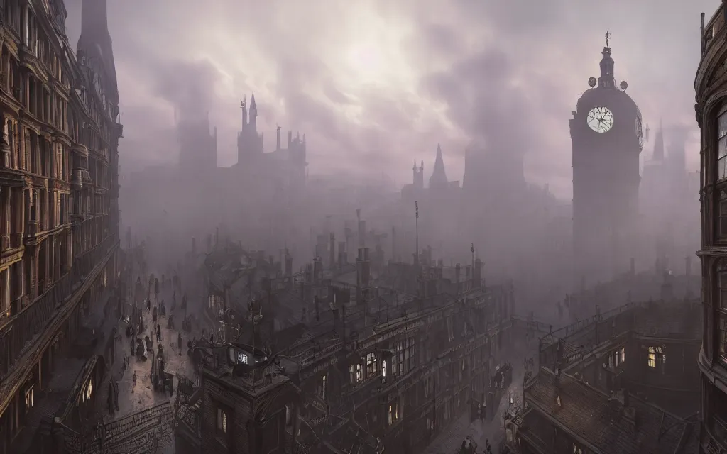 Prompt: an ultra wide angle view of 1 8 8 0 s london, steampunk, clockwork, steamy, ominous, hyperrealism, by greg rutkowski, zaha hadid, octopath traveler, final fantasy, octane render, misty, highly rendered, global illumination, radiant light