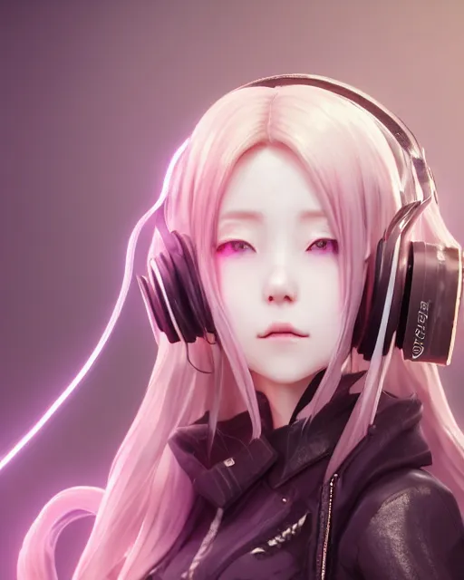 Image similar to beautiful portrait of a woman with pastel long hair with her eyes closed with headphones on in the style of a code vein character, dahyun from twice in code vein in the style of WLOP, artgerm, yasutomo oka, rendered in unreal engine and redshift octane , dynamic dramatic lighting, soft lighting, imagine fx, artstation, cgsociety, by Bandai Namco artist, background i surrounded by neon glitch effect