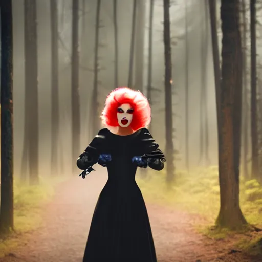 Image similar to disney cruella devilla in the woods, 8 k, professional photography, cinematic shot, dark, smoke, mist