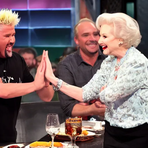 Prompt: guy fieri high fiving betty white