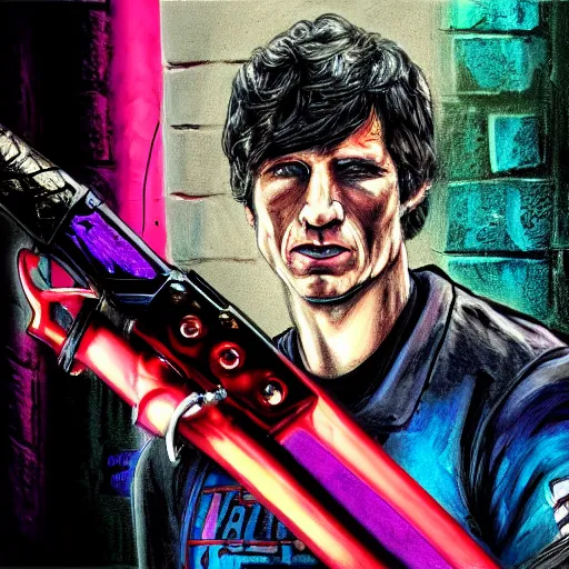 Prompt: todd howard with a switchblade in a alleyway, forcing you to buy skyrim, threatening, sharp, colorful, digital art, neon, bright, realism, bold