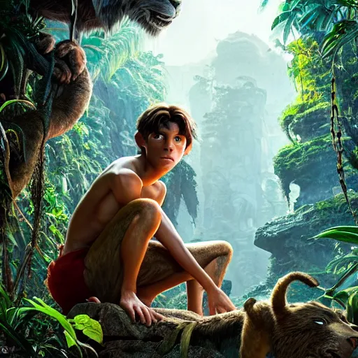 Image similar to skinny young tom holland as mowgli from the jungle book, dynamic lighting, path traced, atmospheric, highly detailed, high quality, beautiful painting, octane render, don bluth, ross tran, studio ghibli, alphonse mucha, jama jurabaev, extremely detailed, brush strokes, artstation, artgerm