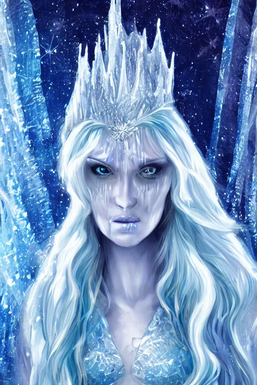 Image similar to an ice queen covered in ice crystals in the style of andrei martin, highly detailed,