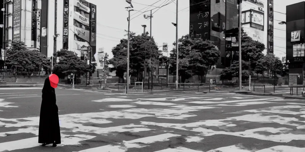 Prompt: a girl with long hair on japanese uniform high school, waiting on a crosswalk, urban city background, digital art, 8 k,