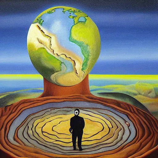 Prompt: the earth in front of a man's face, surrealism, rene magriite, painting