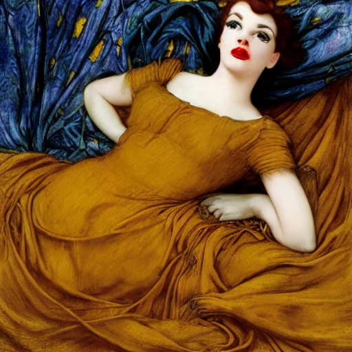 Prompt: hybrid of judy garland and lady gaga, brown fringe, large features, very large big downslanted eyes, large full lips, reclining on flowing bed cool stylish, yellow ochre ornate medieval dress, john william waterhouse, kilian eng, rosetti, john everett millais, william holman hunt, william morris, 4 k