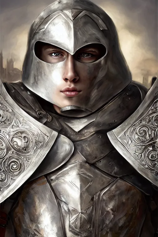 Image similar to a blonde male teenager wearing a silver plate armor, digital painting, digital art, oil painting, masterpiece, realistic and detailed face, profile picture, realistic, highly detailed, high quality, symmetrical, low contrast, trending on deviantart, soft colors, soft lighting, face portrait, beautiful, elegant, castle in the background, bokeh, oil painting