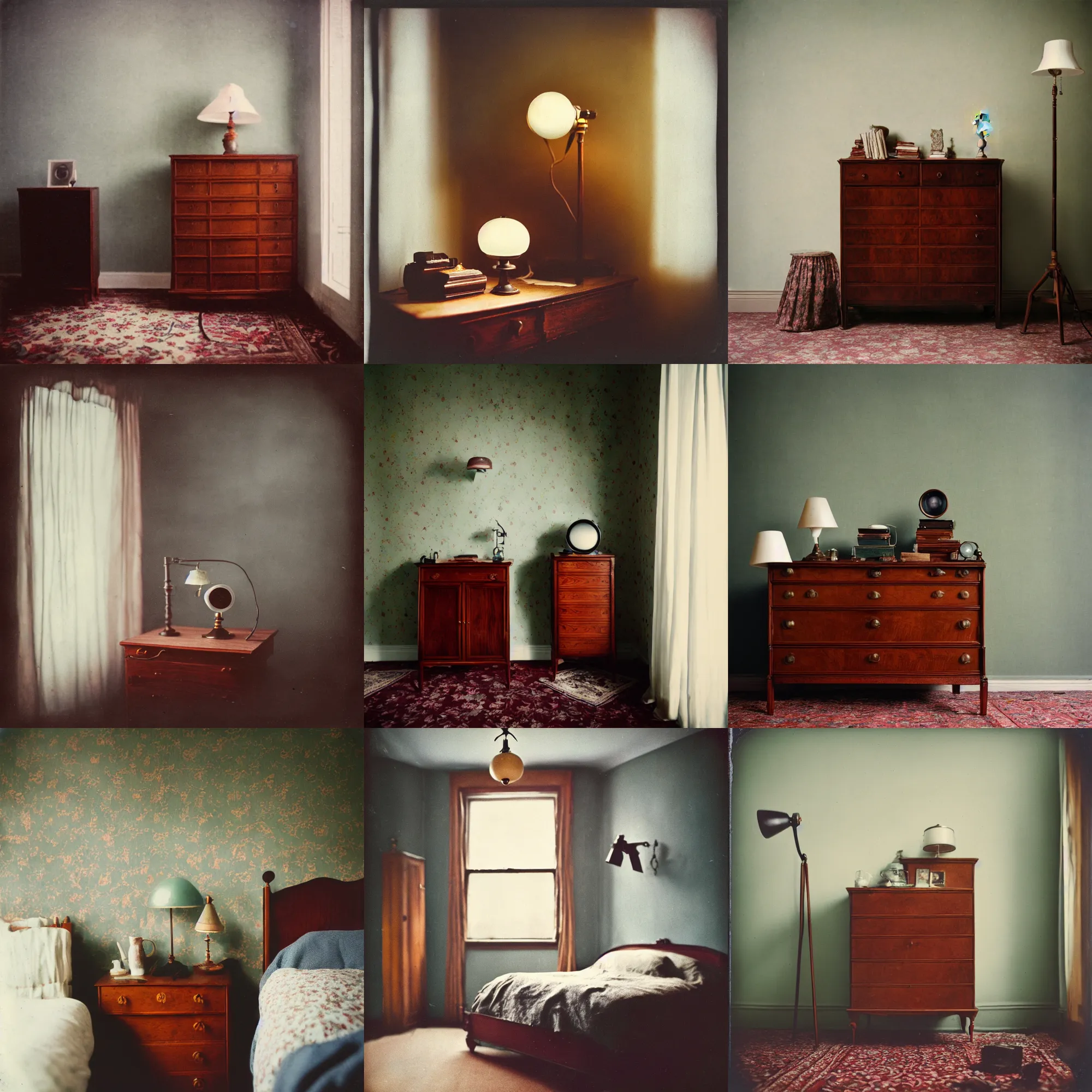 Prompt: kodak portra 4 0 0, wetplate, fisheye, award - winning portrait photo by britt marling, 1 9 2 0 s room, picture frames, 1 9 2 0 s furniture, wallpaper, carpet, shining lamp,, muted colours, blueberry, wood, fog,