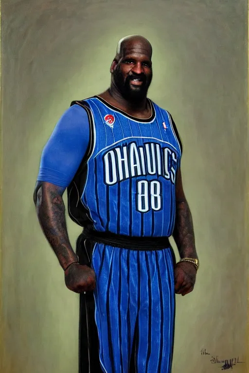 Prompt: full body portrait of shaquille o'neil as the dictator of the orlando magic, 1 8 8 9, in full military garb, magic blue, silver, and black, oil on canvas by william sidney mount, trending on artstation