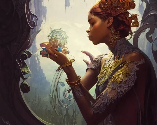 Image similar to photography of chris ofili, deep focus, d & d, fantasy, intricate, elegant, highly detailed, digital painting, artstation, concept art, matte, sharp focus, illustration, hearthstone, art by artgerm and greg rutkowski and alphonse mucha