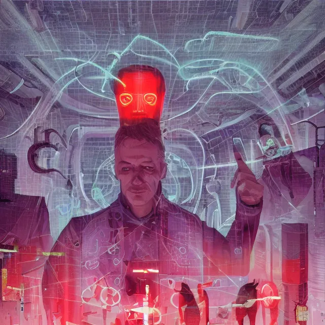 Image similar to a malevolent digital intelligence, portrait of a digital consciousness, glowing digital runes, panicked scientists in the background, brutalism, futurism, rhads!!!, james gurney, ( art fitzpatrick ), ( asaf hanuka ), ( ( barclay shaw ) ), ominous, saturday morning cartoon, clean linework, western animation