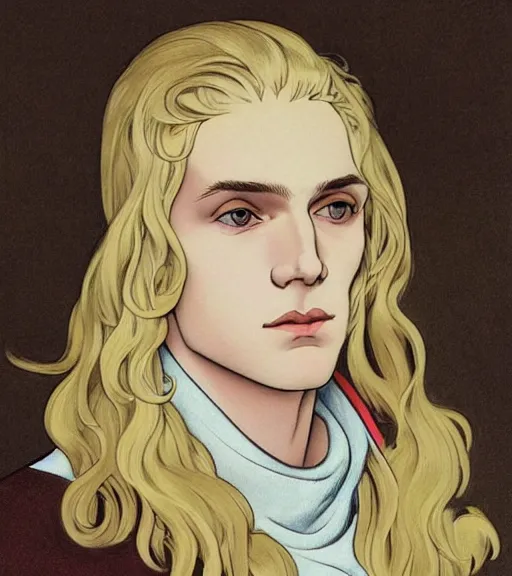 Image similar to clean cel shaded art of a pale androgynous blond young man Lucius, long fluffy curly blond hair, light platinum long blond hair, wearing a black turtleneck sweater, Alexandre Cabanel, norman rockwell, peter paul rubens, maler collier, frank frazetta, alphonse mucha, gustav klimt 4k, unreal 5, DAZ, french noveau, trending on artstation, octane render, hyperrealistic