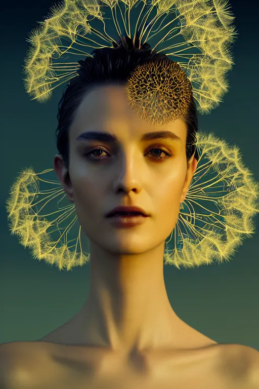 Image similar to intricate hyper detailed ultra sharp 3 d render of profile portrait, dark witch, leaves stems, unsplash model transparent fractal dandelion, moon in the background, yellow pistil filigree roots, intricate details, human face, facial features, elegant, hyper realistic, ultra detailed, octane render, volumetric cinematic lighting, 8 k post - production