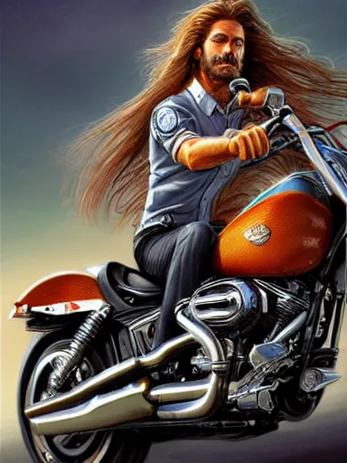 Image similar to handsome man with long hair riding a harley davidson. intricate, elegant, highly detailed, digital painting, artstation, concept art, sharp focus, illustration, by justin gerard and artgerm, 8 k