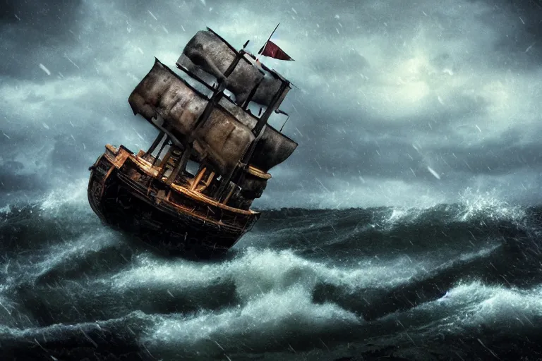 Image similar to epic pirate ship wreckage in a storm, sighting the kraken, in the style of vernon grant and chris van allsburg, trending on artstation, bright tilt - shift camcorder effect, photoshop, retrowave, hyperrealism,