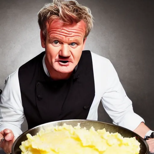 Prompt: < photo hd trending > gordon ramsey yells at an incredibly oversized plate of mashed potatos < photo >