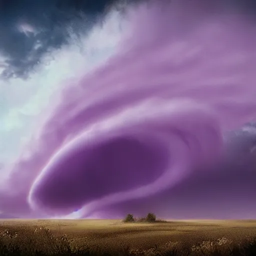 Image similar to a tornado in the distant landscape, hdr, artstation, shuttershock, 4 dimensions purple background