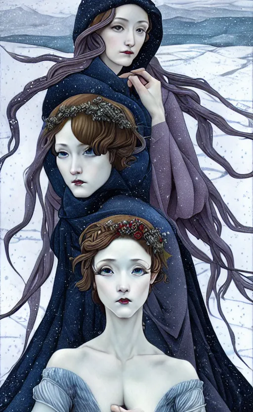 Image similar to allegory of Winter, as 3 figures, (Representing the 3 months of December, January, and February), in a mixed style of Botticelli and Æon Flux, inspired by pre-raphaelite paintings, shoujo manga, and Harajuku street fashion, sparse frozen landscape, dark and moody colors, hyper detailed, stunning inking lines, dramatic lighting, 4K photorealistic