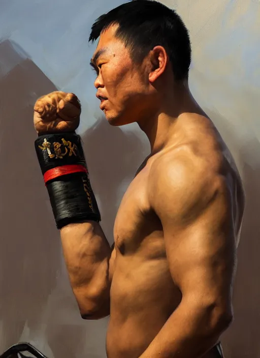 Image similar to greg manchess side portrait of a filipino mma fighter with a scepter sitting on a tank, organic painting, sunny day, matte painting, bold shapes, hard edges, street art, trending on artstation, by huang guangjian, gil elvgren, ruan jia, randy vargas, greg rutkowski