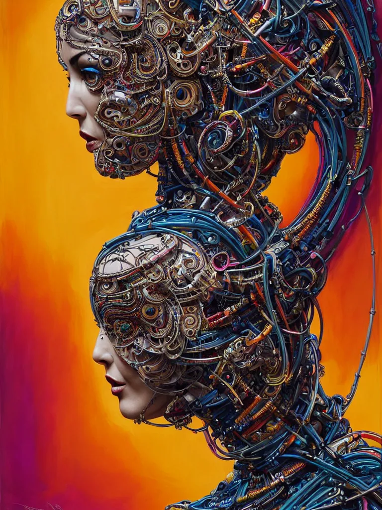 Prompt: Portrait of Monica Bellucci wearing epic bionic cyborg implants of different vibrant colors, detailed intricate ornate cables connected to head, by Dan Mumford and Naoto Hattori, extremely beautiful and proportionate face, in the aesthetic of mert and marcus, masterpiece, intricate, elegant futuristic wardrobe, highly detailed, digital painting, Matrix Theme, artstation, concept art, crepuscular rays, smooth, sharp focus, illustration, background made from fractals of vibrant universe stars, cyberpunk colors, volumetric lighting, art by artgerm and james jean and Nick Sullo